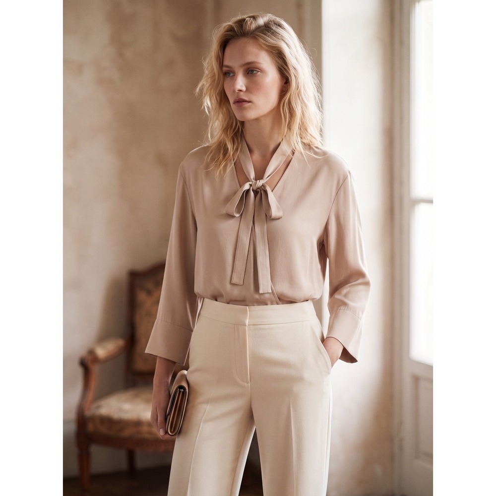 Theory Relaxed Wrap Tie Neck 100% Silk Blouse Top Warm Stone Beige S $295